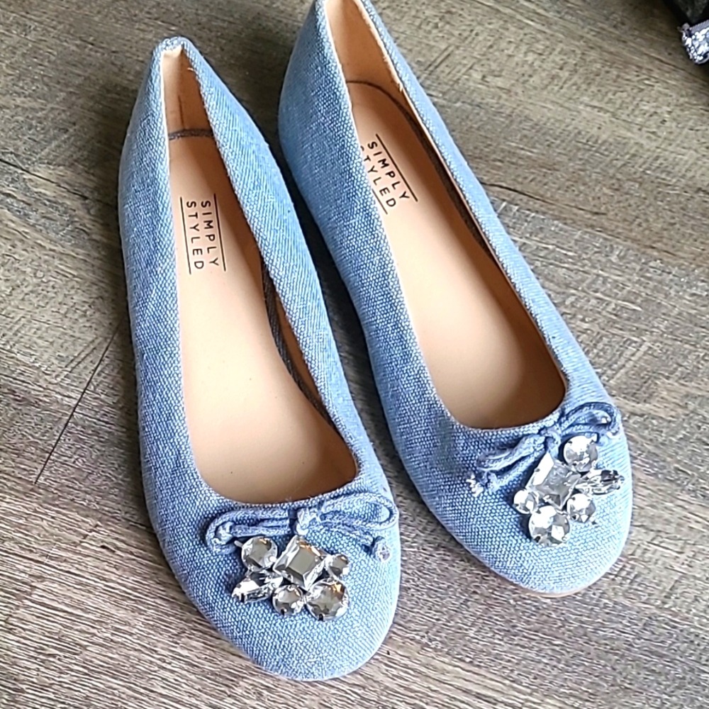 Simply styled girls shoes flats size 3 13 Blue Flats with Crystal Embellishments
